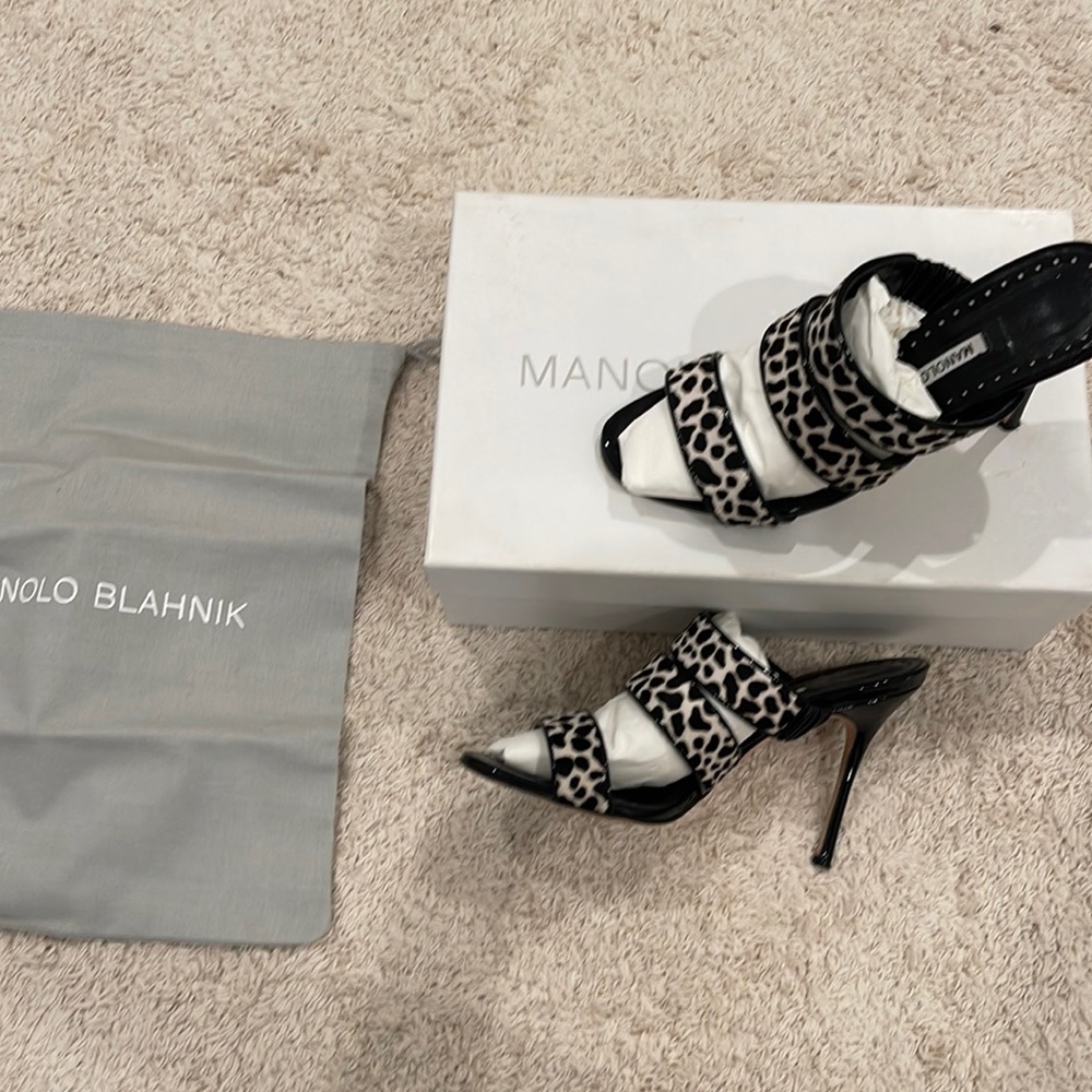 MANOLO BLAHNIK CALF HAIR STRAPPY HEELS